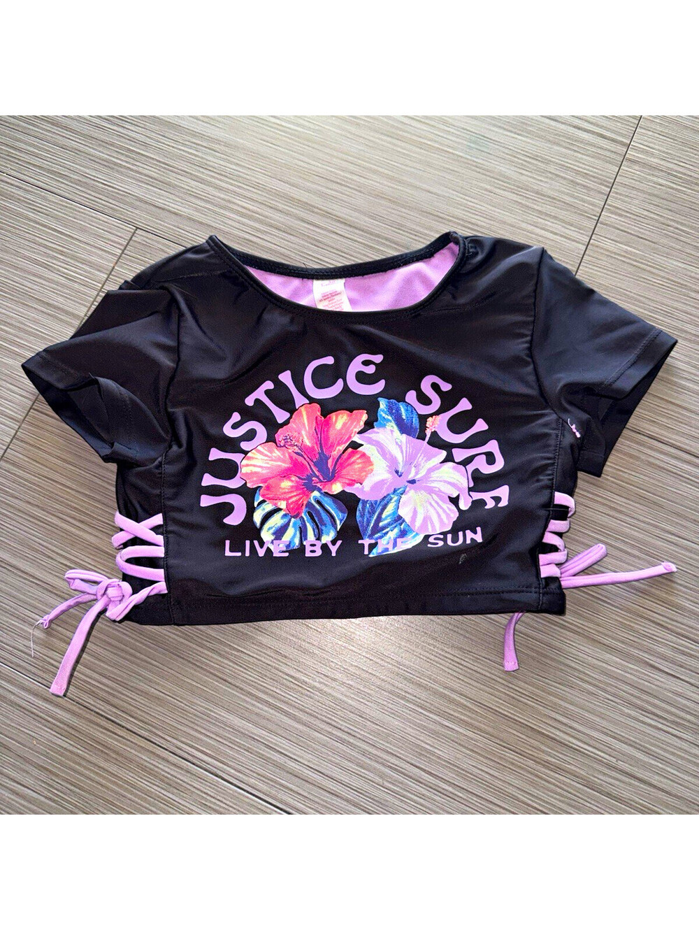 Justice Girls 7/8 Floral Rash Guard Swim Top Black Purple Short Sleeve Beach